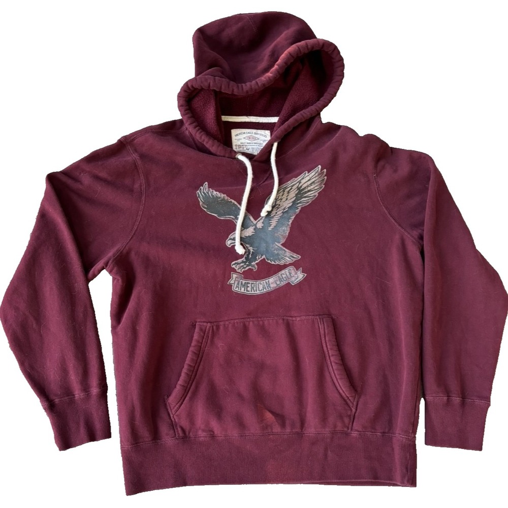 Vtg American Eagle AE Hoodie Pullover‎ Sz L Maroon Sydney Sweeney Y2K Distressed